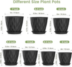Meowell 7/6.5/6/5.5/5/4.5/4 inch Plant Pots for Indoor Outdoor Plants, 7 Pack Thick Flower Pots with Drainage Holes and Saucers, Modern Wave Texture Plastic Planter Pots for Nursery, Succulent, Black