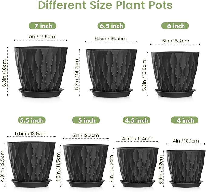Meowell 7/6.5/6/5.5/5/4.5/4 inch Plant Pots for Indoor Outdoor Plants, 7 Pack Thick Flower Pots with Drainage Holes and Saucers, Modern Wave Texture Plastic Planter Pots for Nursery, Succulent, Black