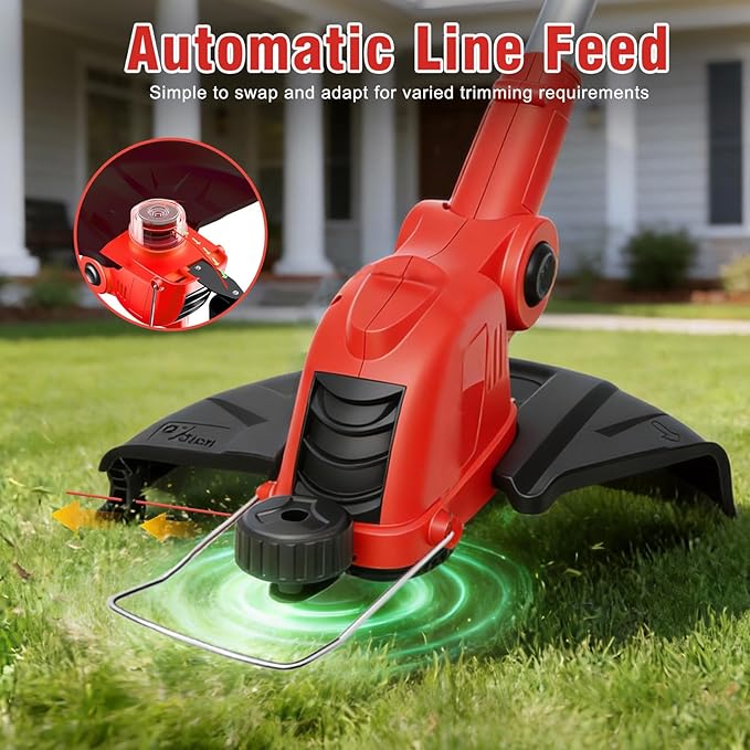 21V Cordless String Trimmer & Edger, 12" Auto-Feed Grass Cutter with 2.0Ah Battery & Fast Charger, 2-in-1 Electric Weed Wacker Lawn Tool for Yard Garden Maintenance-Red