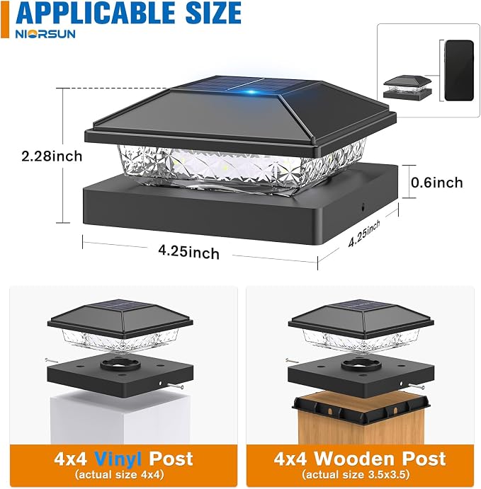 NIORSUN Solar Post Lights Outdoor, Fence Post Solar Lights Cool White, Waterproof, Garden Patio Fence Deck Decor, 4x4 Posts Cap Wood Vinyl, Black 6 Pack