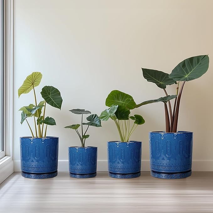 Ceramic Planter, 6 Inch Plant Pot with Drainage Hole and Tray, Round Flower Pots for Indoor Outdoor Plants, Boho Decorative Pots for Plants, Bookshelf Decor, House Warming Gift, Blue