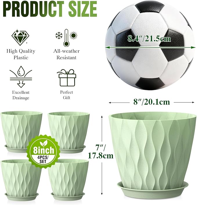 8" Water Wave Plant Pots with Drainage Holes & Saucers, 4 Pack Modern Textured Medium Planters for Indoor Outdoor Plants, Decorative Flower Pots Repotting Set for Flowers, Herbs (Green)