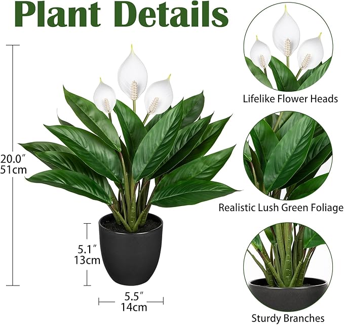 GnFlus Fake Plants 20'' Faux Plants Artificial Potted Plants Indoor Realistic White Anthurium Artificial Flowers, Fake Potted Plants for Home Office Farmhouse Kitchen Bathroom Table Shelf Decor