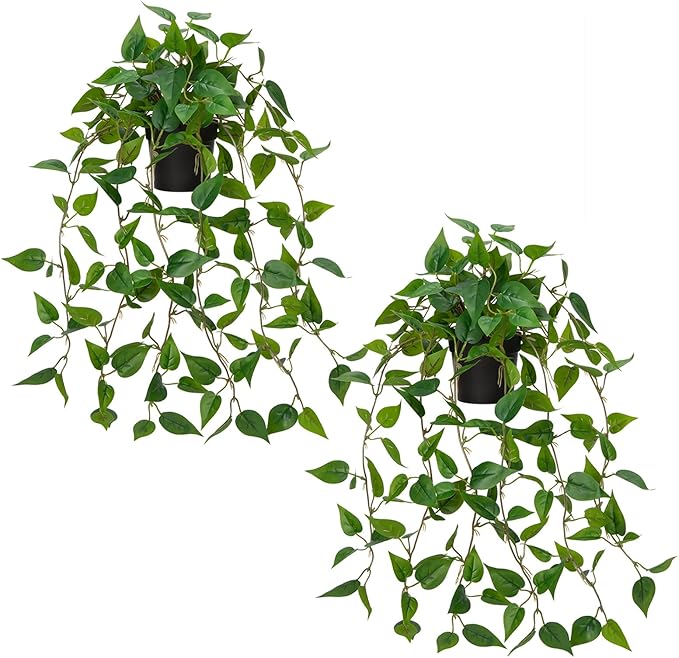 2 Pack Fake Hanging Plants for Shelf in Back Pot, Small Artificial Hanging Ivy Vine Plants Indoor Fake Potted Greenery Plant for Room Bathroom Kitchen Wall End Table Mimi Faux Pothos Plant Set Decor