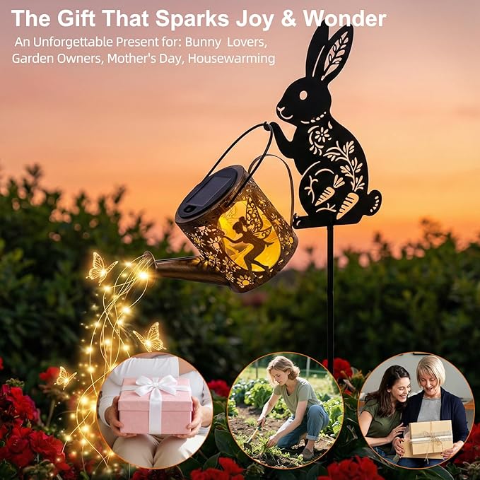 Solar Watering_Can Light with Bunny Silhouette Stake & Fairy Design - Cascading LED String Light for Garden Yard Patio Decor, IP65 Waterproof Outdoor Gift for Mom, Women, Birthday, Housewarming
