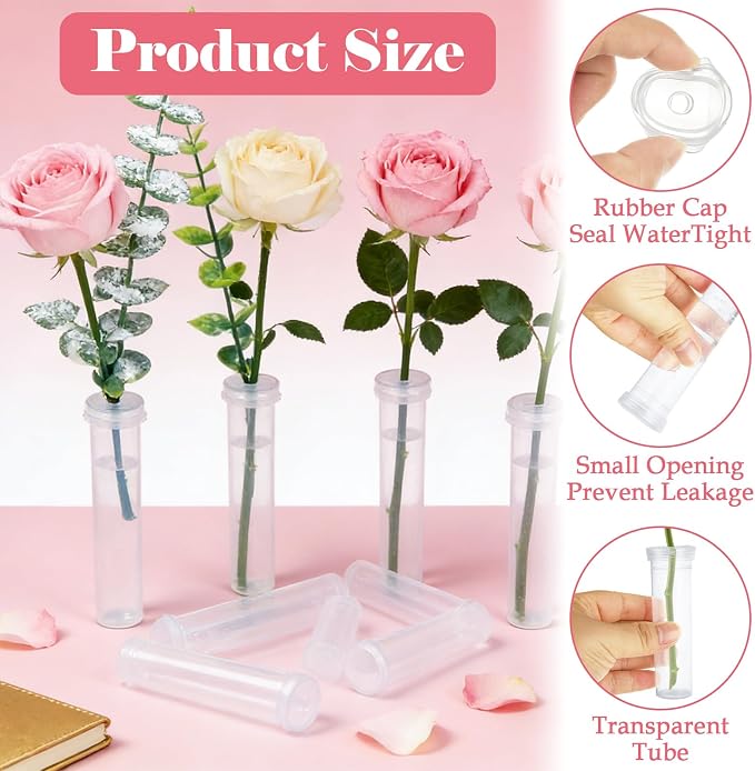 DAJAVE 100 Pack Floral Water Tubes 60 ML 4.3 Inch Plastic Water Tubes for Flowers, Clear Flower Vials with Caps for Fresh Flower Arrangements