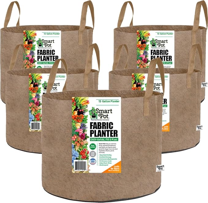 Smart Pot 5 Count Soft-Sided Fabric Garden Plant Container Aeration Planter Pots Tan with Strap Handles, 15 gal
