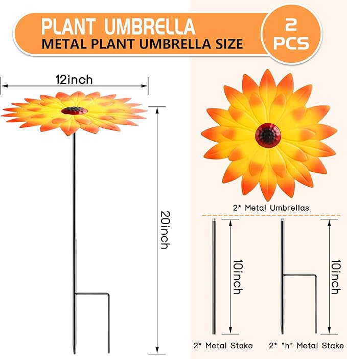 Axcoix 2 Pack Metal Plant Umbrellas for Outdoor Plants, 12" Realistic Flower Design Garden Plant Umbrella Shade, Decorative Sun Shade Disk for Plants, Potted Plants, Garden Beds