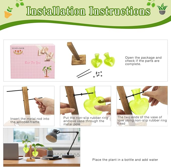 XXXFLOWER Plant Terrarium Propagation Station, Gifts for Mom Daughter Wife Plant Lover, Hydroponic Planter Bulb for Home Office Garden Decoration - 2 Green Love Bulb Vase with Wooden Stand