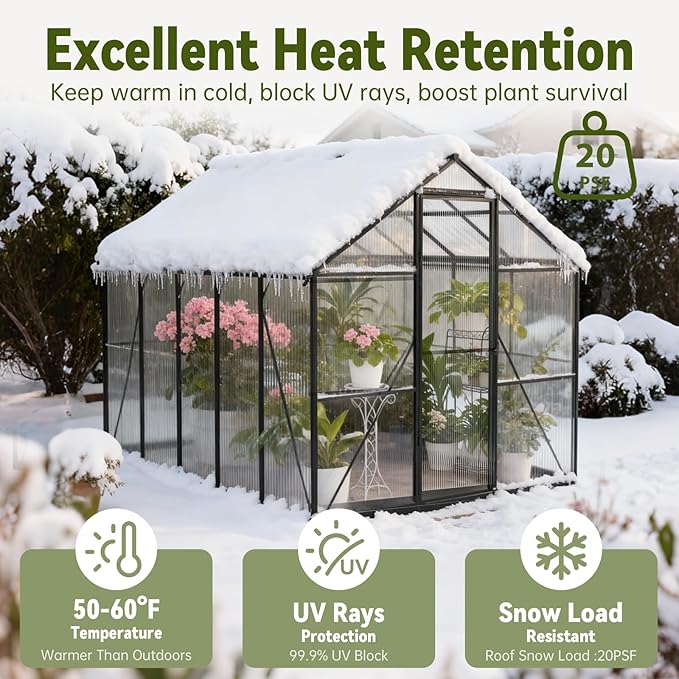 8X10 FT Outdoor Greenhouse with Hygrometer, Polycarbonate Walk-in Green House for Outside, Reinforced Aluminum Frame Greenhouses, Heavy Duty Garden, Patio, Backyard Flower Planting