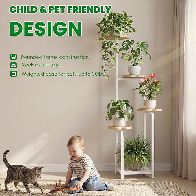 TOSKING 5 Tier Metal Anti-Tip Plant Stand indoor, Wide Base for Pots, Child and Pet Friendly ,Heavy Duty Plant Shelf , Corner Shelf, Flower Pot Stand for Multiple Plants, Indoor Plants Tiered Stand for Living Room Balcony Garden Patio Bedroom (White an...