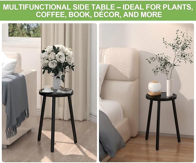 Wood Plant Stands Indoor, 16.7" Tall Plant Stand Outdoor Mid-Century Plant Stool, Single Plant Table Modern Small Round Side/End Table for Living Room, Balcony, Office(Black)