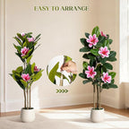 Fiddle Leaf Fig Tree 4FT Tall Artificial Plant, Large Fake Tree in White Planter, Faux Rubber Tree Fake Floor Plant with Magnolia Flowers - Artificial Tree for Home Office Living Room Decor, Pink