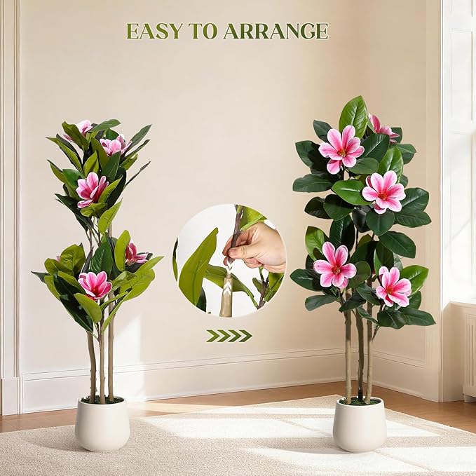 GarveeHome Faux Rubber Tree, 48 Inch Artificial Plants Indoor with Real Touch Leaves and Multi Trunks, Artificial Tree Fake Potted Plants with Pink Flowers for Home Decor Office Living Room
