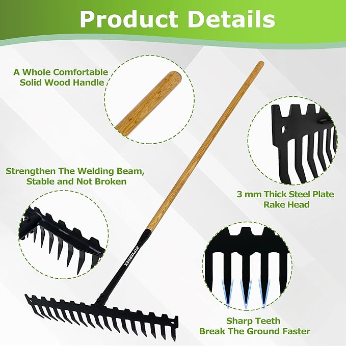 Garden Rake,60" Wooden Handle with 17-Tine Metal Bow Rake,Rock Rake Heavy Duty for Loosening Soil,Leveling Gravel,Clearing Fallen Leaves,Removing Sod and Landscaping