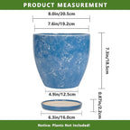 8 Inch Plant Pot - Ceraimc Planter for Indoor Outdoor Plants, Round Flower Pot with Drainage and Saucer, Decorative Planter, Porch Room Office House Decor, Gardening Gifts for Women, Blue