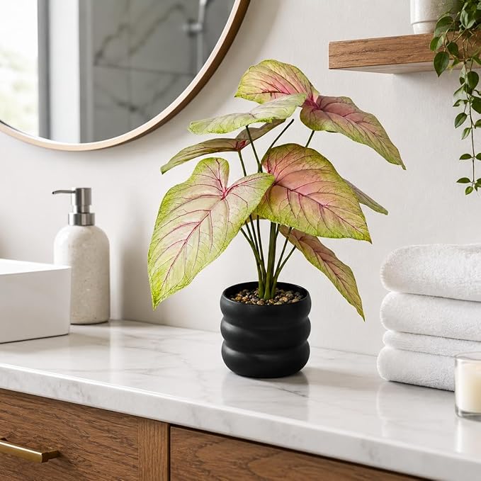 16'' Fake Plant Tall Artificial Caladium Plants Indoor with Black Planter Design, for Home Living Rooms Patios Porches Bathrooms Outdoor Decor (Red)
