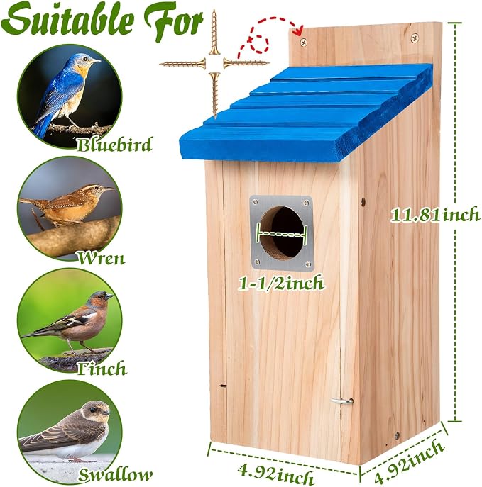 Dreyoo 2 Pack Bluebird Box Houses for Outside,1-1/2'' Entrance Hole Wooden Bird Houses with Metal Guard, Secure Latch,Fledgling Grooves,Air Vents for Bluebird Wren Swallow(Blue Roof, Wood Body)