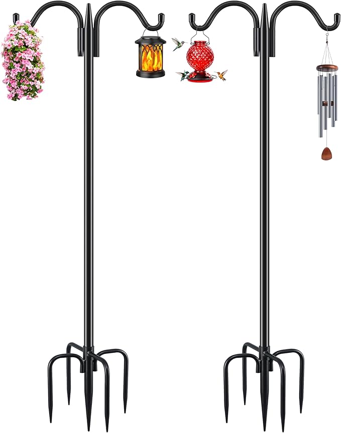 Gtongoko Double Shepherds Hook for Outdoor, 2 Pack 63 Inch Heavy Duty Bird Feeder Pole 5/8 Inch Thick Garden Hooks for Hanging Hummingbird Feeder, Plant Baskets, Solar Light Lanterns