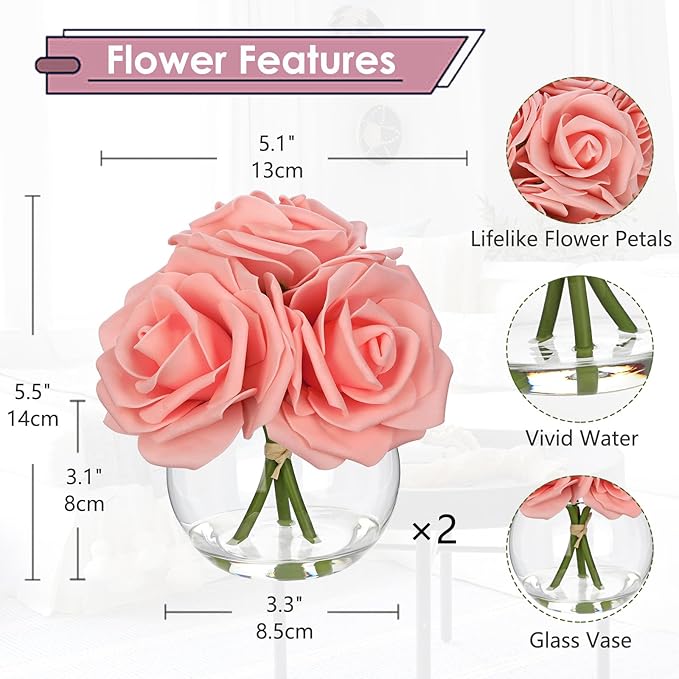 Hollyone 2Pcs Pink Roses Artificial Flowers in Vase Small Silk Fake Rose Bouquet Flowers Floral Arrangements with Glass Vase with Faux Water for Home Bathroom Office Table Centerpiece Decorations