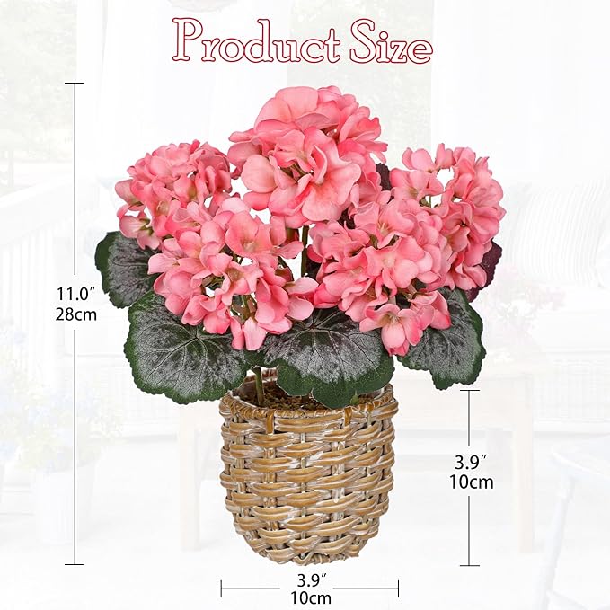 Briful Artificial Pink Geranium Flowers in Woven Basket, 11’’ Tall Silk Flower Arrangement, Realistic Geraniums Artificial Outdoor Plants for Home Indoor Farmhouse Table Wedding Centerpiece Decor