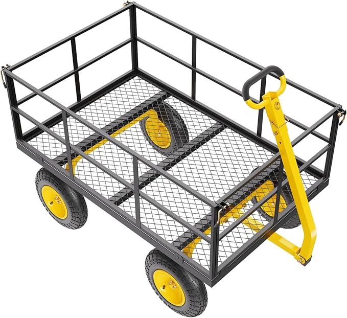VEVOR 1400 Lbs Steel Garden Cart, Heavy Duty Pullable Garden Wagon Yard Cart, 2 in 1 Outdoor Metal Utility Wagon Yard Trailer with 13" All Terrain Tires, Mesh Removable Sides and 180°Rotating Handle