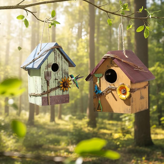 DoubleFill 2 Pcs Birdhouses for Outdoor Hanging Yard Outside Wooden Birdhouse Hand Painted Bird Box for Bird Lovers Bluebird Tree Garden Decor Decorative Birdhouse(Blue,Yellow,Wooden Roof)