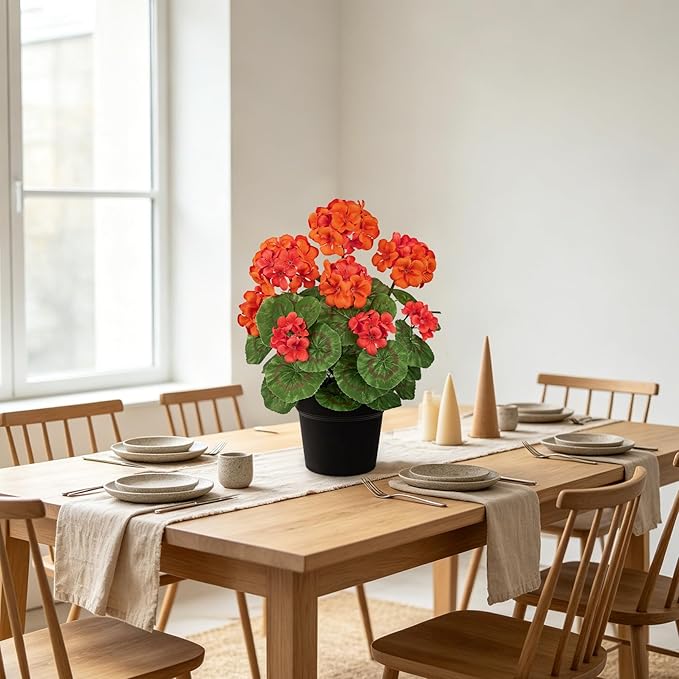 Briful 15.7in Artificial Geranium Plant in Black Pot, Orange Faux Potted Flowers, Real Touch Geraniums for Indoor Outdoor Decor, Table Centerpiece Farmhouse Home, Office, Porch & Living Room Decor