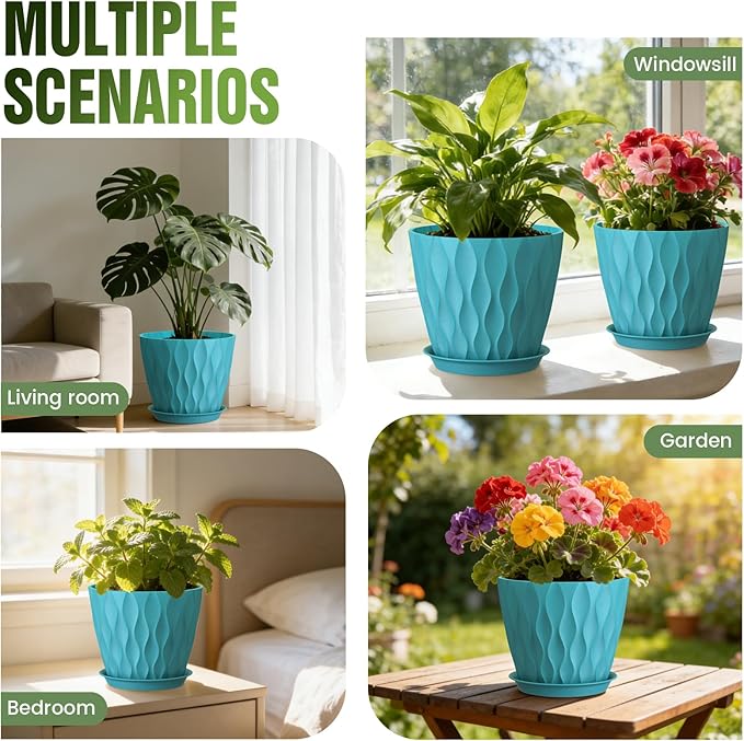8" Water Wave Plant Pots with Drainage Holes & Saucers, 4 Pack Modern Textured Medium Planters for Indoor Outdoor Plants, Decorative Flower Pots Repotting Set for Flowers, Herbs (Blue)