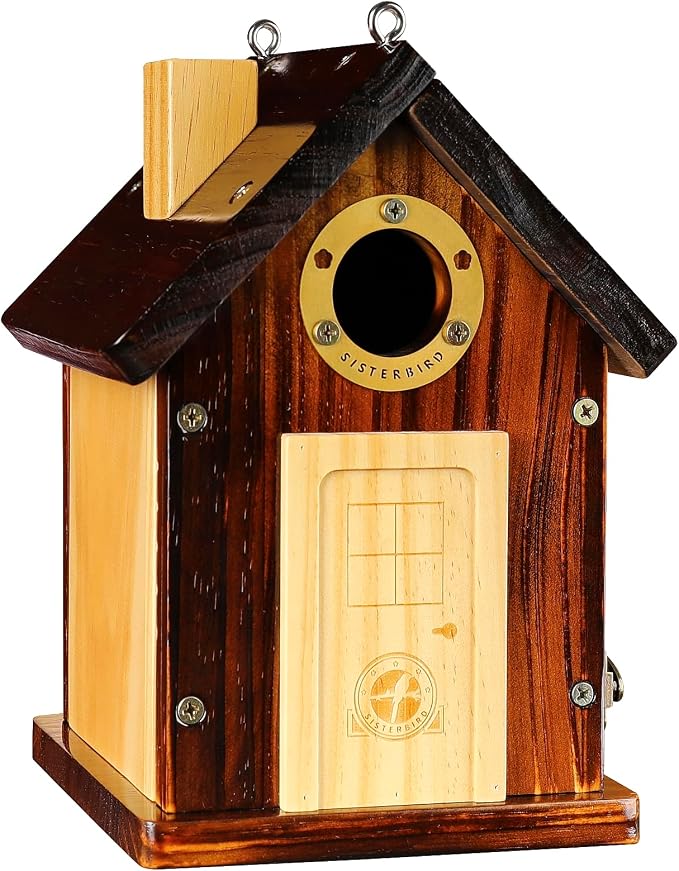 SISTERBIRD Bluebird Houses for Outside, Premium Bird Houses for Outside, Wooden Cabin Birdhouses for Outdoors, Weatherproof Courtyard Decorated Hanging Bird House, Nesting Bird House