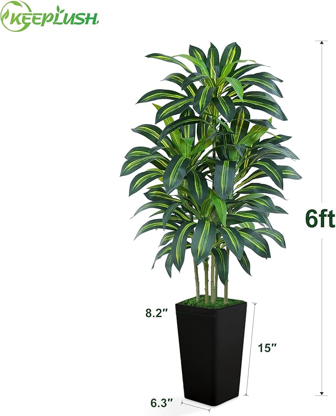 6FT Artificial Dracaena Tree - High-Density Foliage Fake Plant with Black Tall Planter - Faux Yucca Floor Plant for Home Office Decor Indoor
