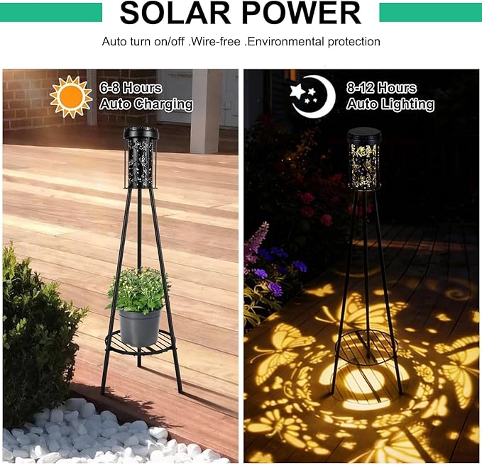 Solar Floor Lamps Outdoor RGB Butterfly Projection Metal Cordless Floor Lamp with Plant Stand,42.48 Inch Waterproof Decorative Garden,Patio,Porch,Yard,Path,Black,2 Pack