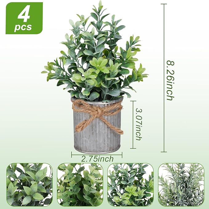 Small Artificial Plants Set of 4 Fake Potted Plant with Iron Pot Mini Greenery Decor for Indoor Home Porch Garden Bathroom Décor