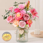 Livole 22Pcs Fake Flowers with Vase Silk Pink Artificial Flowers in Vase with Light Fake Plant Eucalyptus Flower Arrangement for Table Centerpieces Decor for Living Room Coffee Home Farmhouse