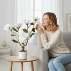 Garvee 2 Pack Artificial Magnolia Tree, 24" Artificial Realistic Magnolia Grandiflora with White Planter and 6 Lifelike Flowers, Fake Potted Flower Plant for Home Office Decor, White