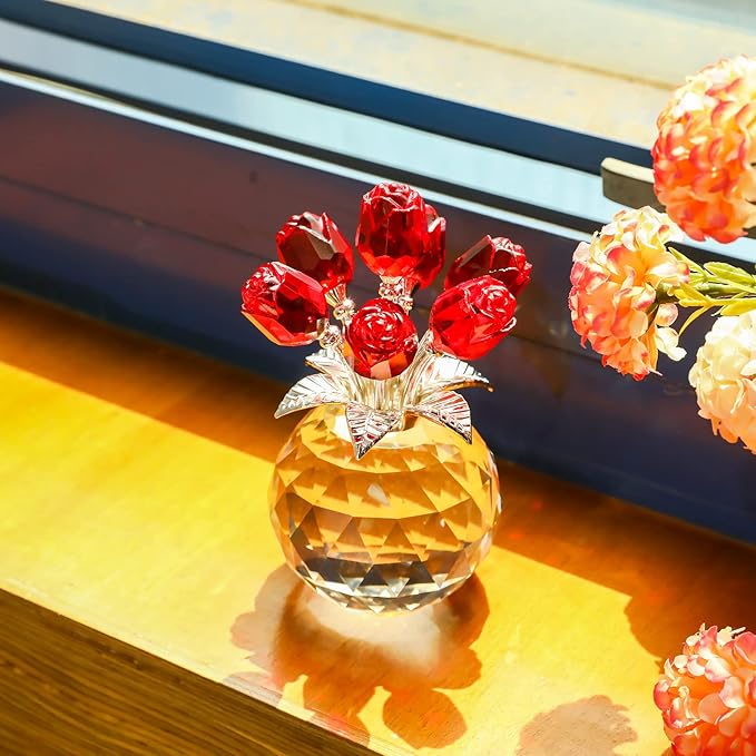 YWHL Handmade Crystal Red Rose Flower Figurine With Round Vase, Romantic Gifts for Women on Anniversary Mother's Day Birthday, Collectible Figurines for Home Party Wedding Decorations