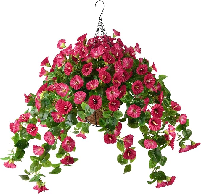 Homsunny Artificial Hanging Fake Flowers with Basket Plants for Outdoor Decoration, Faux Silk Flower UV Resistant Morning Glory for Home Porch Patio Garden Balcony Yard Look Real (Red)