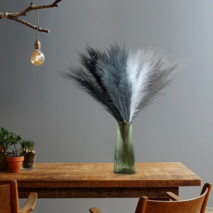 SeptCat 80 Pcs Pampas Grass Decor 21.7" Fluffy Black White Grey Faux Short Pampas Grass Artificial Small Pompas Grass Flower Vase Filler for Home Wedding Decoration
