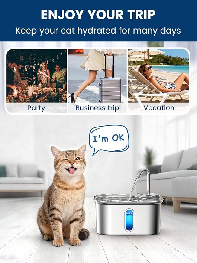 Cat Water Fountain Stainless Steel for Cats Indoor 2.5L 85oz by BPA-Free SUS304, 4pcs Effective 6-Layer Filter Cat Fountain for Drinking 20dB Ultra Quiet Metal Pet Water Fountain (Fountain+4 Filters)