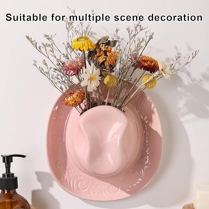 Hanging Wall Planters for Indoor Plants, Wall Vases for Flowers, Ceramic Cowboy Hat Vases for Decor, for Bathroom, Living Room, Office, and Home Decor.Light Pink Medium