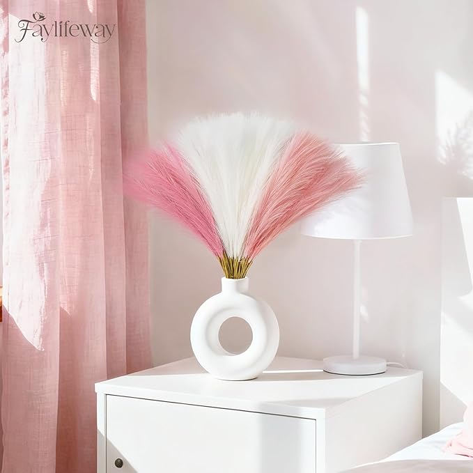 50pcs Pampas Grass 17in for Living Room Decor, Blush Pink Pampas Grass Decor, Fluffy Pink Flowers for Home Birthday Bathroom Baby Shower Wall Bow Decor(Blush & Cream & Pink)