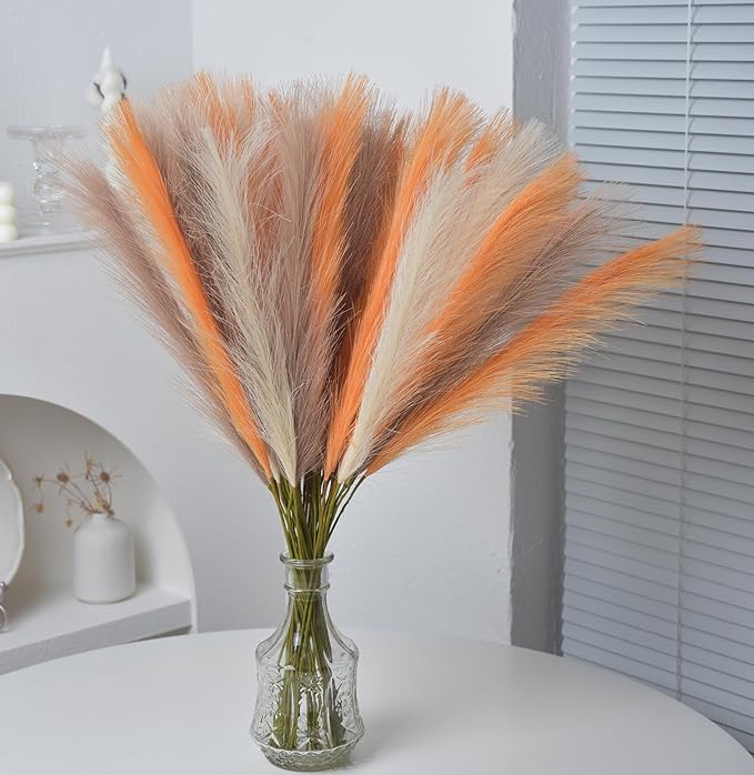 LSKYTOP Orange Pampas Grass Decor,23Inch 12pcs Faux Pampas Grass Bouquets Artificial Pampas Fake Pampas Flower for Home Living Room Bedroom Vase Decor