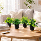 4 Pack Mini Artificial Plants Fake Potted Plants for Home Office Bathroom Shelf Desk Decor, Small Faux Greenery with Black Pots, Assorted Faux Grass & Leaf Plants for Indoor Aesthetic Decoration