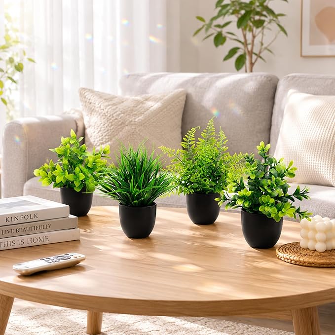 4 Pack Mini Artificial Plants Fake Potted Plants for Home Office Bathroom Shelf Desk Decor, Small Faux Greenery with Black Pots, Assorted Faux Grass & Leaf Plants for Indoor Aesthetic Decoration