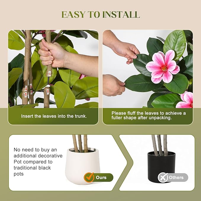 Fiddle Leaf Fig Tree 5FT Tall Artificial Plant, Large Fake Tree in White Planter, Faux Rubber Tree Fake Floor Plant with Magnolia Flowers - Artificial Tree for Home Office Living Room Decor, Pink