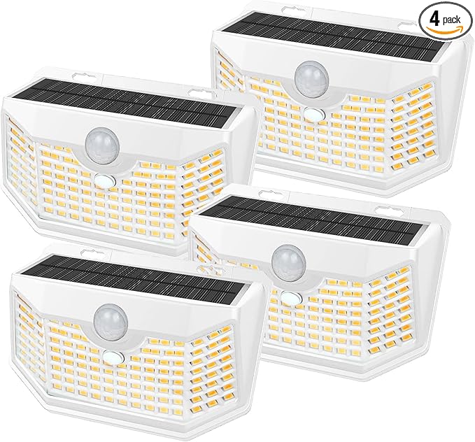 HMCITY 120 LED Solar Lights Outdoor with Motion Sensor and 3 Lighting Modes, IP65 Waterproof Wide Solar Wall Lights Ideal for Garden Patio Yard (Front Button 4Packs, White Shell-Warm White)