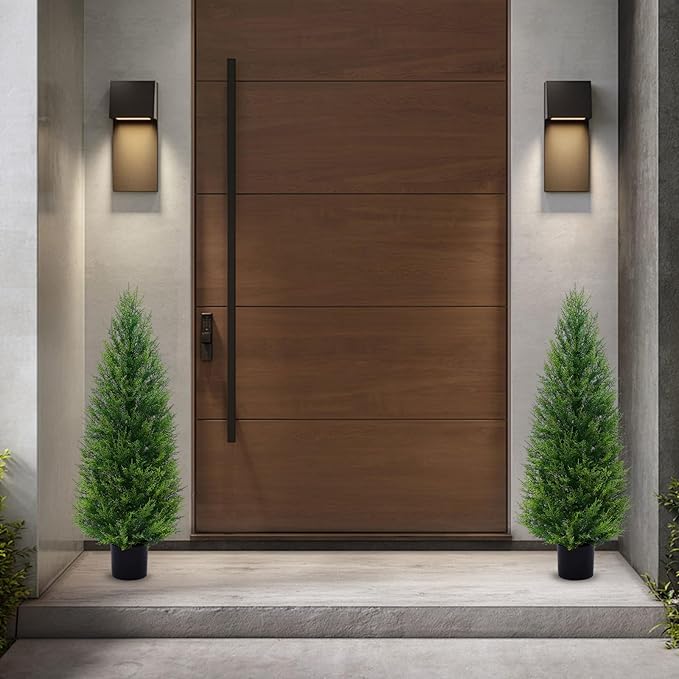2Pack 4FT Artificial Cedar Trees in Pots, UV Resistant Faux Evergreen Plants for Indoor Outdoor Decoration, Modern Porch & Entryway Greenery
