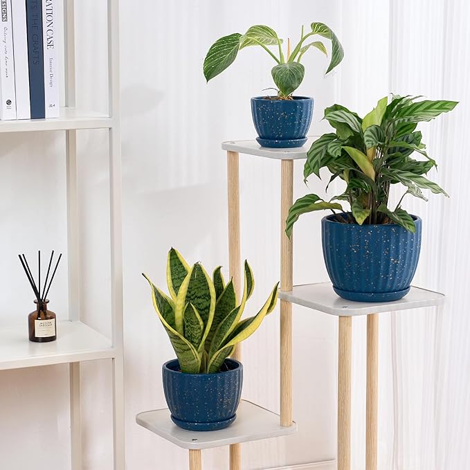 STHIE 4/5/6 Inches Ceramic Plant Pots with Drainage Holes and Saucers, Round Flower Pots for Indoor Plant, Modern Flower Planters Set of 3 (Blue with Dot-Big Size)