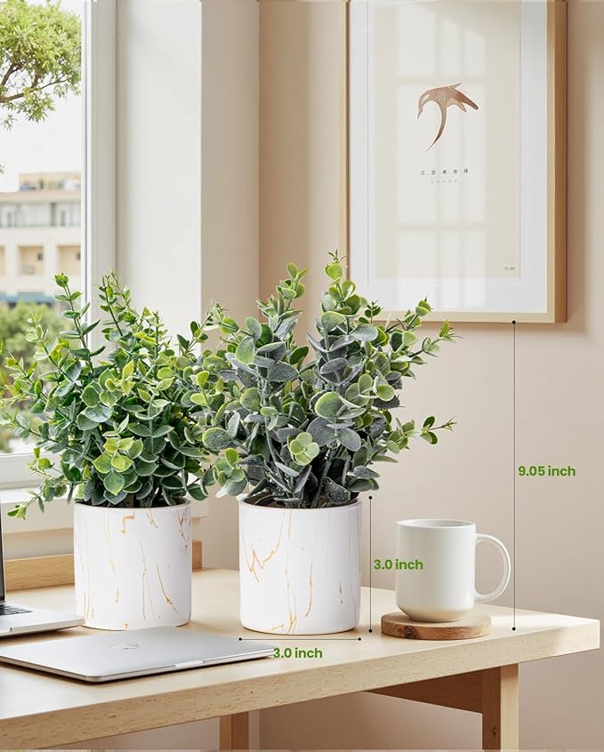 Taybonds Artificial Eucalyptus Plants in White Ceramic Pots, 2 Pack Faux Greenery Decor with Different Leaf Styles, Small Potted Plants for Shelf, Bathroom, Bedroom, Office Desk, 9.05" Tall