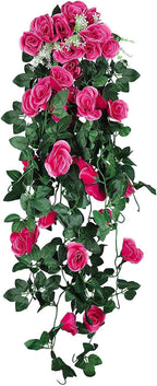 RECUTMS 2PCS Artificial Hanging Flowers 3.3Ft Fake Flower Plants for Home Room Garden Wedding Indoor Outdoor Decoration (Rose Red)